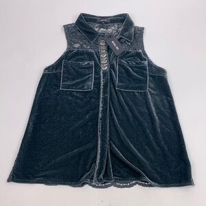 Miss Me Velvet Gray Sleeveless lace button down top shirt beaded Size Small NWT
